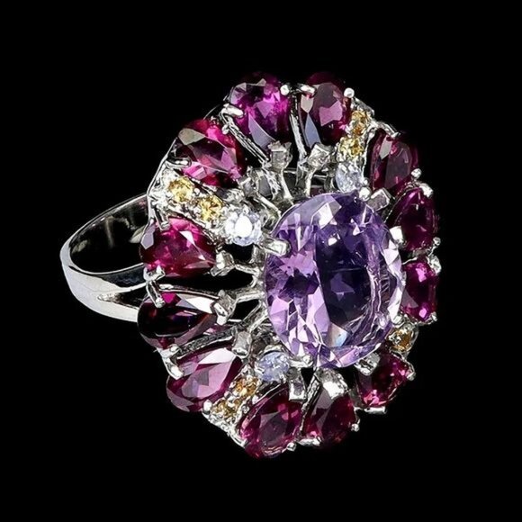 Natural Amethyst 12x10mm & Sapphire Gems 925 Sterling Silver Ring Size‎ 7.75 - Picture 4 of 5
